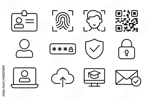 Digital Identity Icons. Outline icon set of education digital identity: student ID card, fingerprint, face