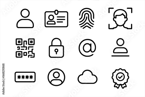 Digital Identity Icons. Outline icon set of digital identity: user profile, ID card, fingerprint, face scan,
