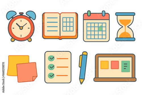 Time Management Icons. Flat vector mini-illustrations time management coaching in colors children's
