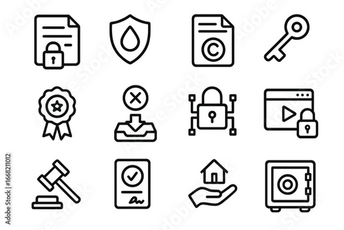 Digital Rights Icons. Outline icon set of digital rights management tools: content lock, watermark shield,