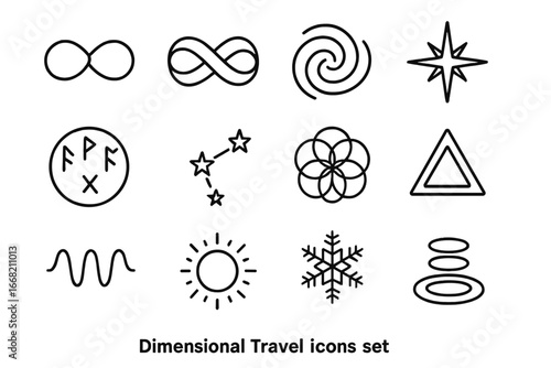 Dimensional Travel Icons. Outline icon set of dimensional travel symbols: infinity loop, Möbius strip, spiral