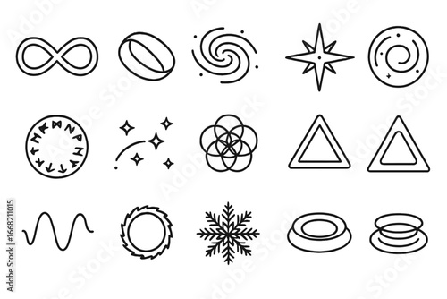 Dimensional Travel Icons. Outline icon set of dimensional travel symbols: infinity loop, Möbius strip, spiral