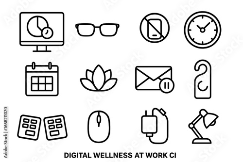 Digital Wellness Icons. Outline icon set of digital wellness at work: screen time tracker, blue light glasses,