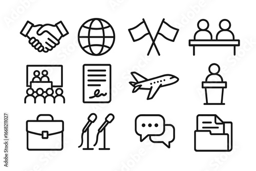 Diplomacy Icon Set. Outline icon set of diplomatic meeting symbols: handshake, globe, flags, delegates,
