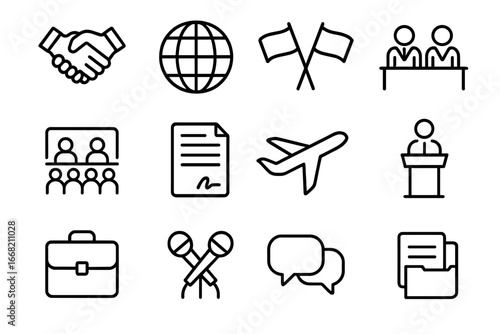 Diplomacy Icon Set. Outline icon set of diplomatic meeting symbols: handshake, globe, flags, delegates,