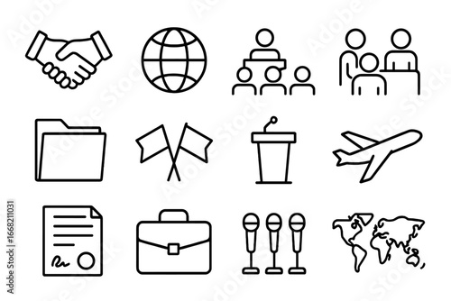 Diplomatic Trade Icons. Outline icon set of diplomatic trade talks: handshake, globe, conference hall,