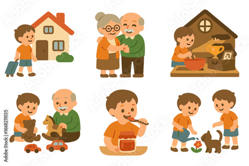 Grandparents' House Adventure. Flat vector mini-illustrations Visiting grandparents' house in colors