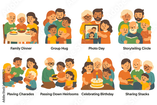 Family Moments Icons. Flat vector mini-illustrations Multigenerational family moments in colors children's