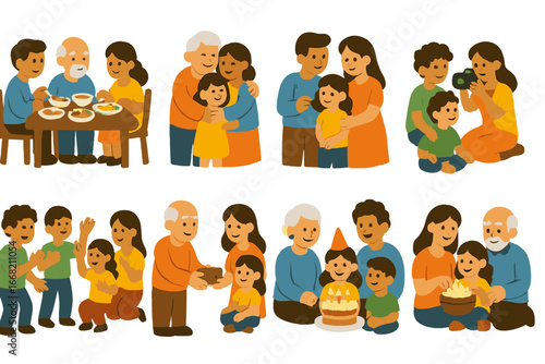 Family Moments Icons. Flat vector mini-illustrations Multigenerational family moments in colors children's