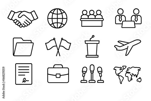 Diplomatic Trade Icons. Outline icon set of diplomatic trade talks: handshake, globe, conference hall,