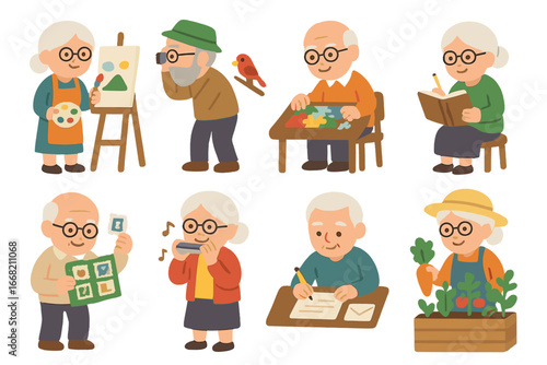 Grandparents' Hobbies Icons. Flat vector mini-illustrations Grandparents' hobbies and interests in colors
