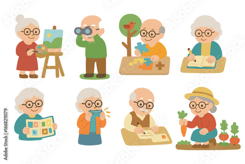 Grandparents' Hobbies Icons. Flat vector mini-illustrations Grandparents' hobbies and interests in colors