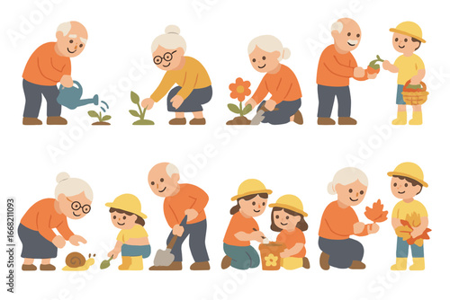 Garden Fun with Grandparents. Flat vector mini-illustrations Grandparents' garden adventures with kids in
