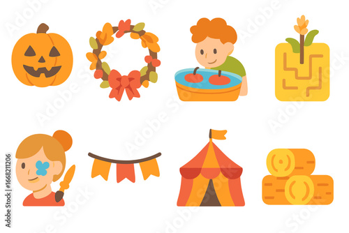 Autumn Festival Icons. Flat vector mini-illustrations Autumn festivals in colors children's illustrations: