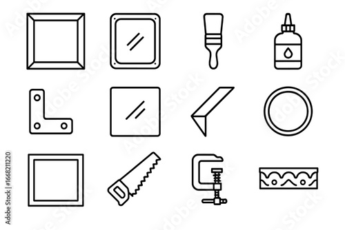 DIY Mirror Frame Icons. Outline icon set of DIY mirror framing: wood frame, metal frame, paint brush, glue,