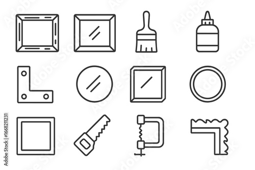 DIY Mirror Frame Icons. Outline icon set of DIY mirror framing: wood frame, metal frame, paint brush, glue,