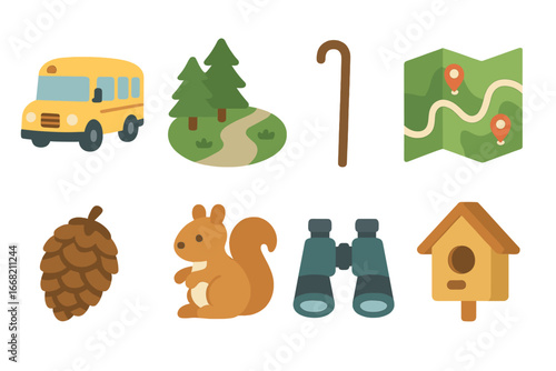 School Trip Icons. Flat vector mini-illustrations School trip to the forest in colors children's illustrations