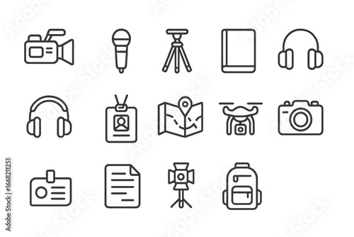 Documentary Tools Icons. Outline icon set of documentary field work: video camera, microphone, tripod,
