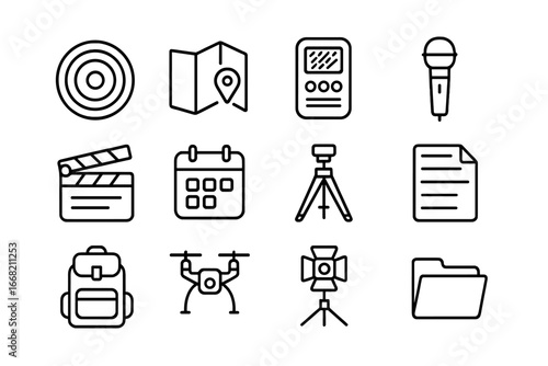 Documentary Tools Icons. Outline icon set of documentary production timeline: camera lens, map, field recorder