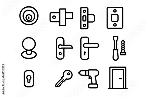 Door Security Icons. Outline icon set of door security hardware: deadbolt, latch, strike plate, knob, handle,