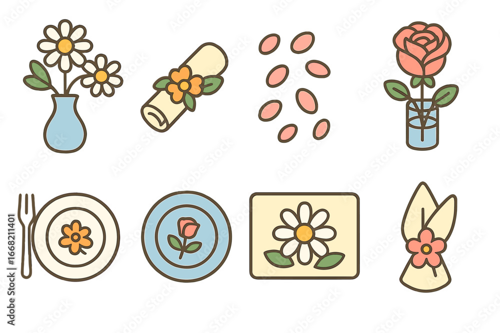 Fototapeta premium Floral Table Mini-Illustrations. Flat vector mini-illustrations Table setting with flowers in colors