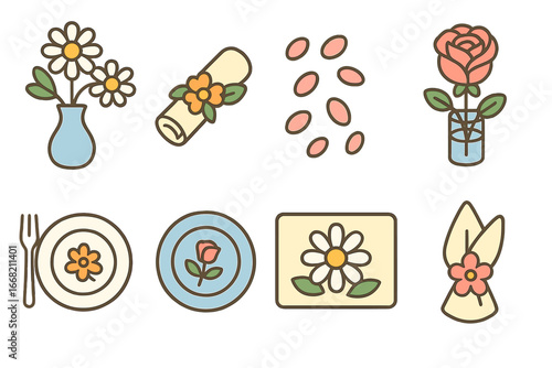 Floral Table Mini-Illustrations. Flat vector mini-illustrations Table setting with flowers in colors