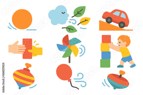 Playful Motion Icons. Flat vector mini-illustrations Push and motion in colors children's illustrations: