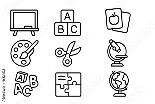 Early Education Icons. Outline icon set of early childhood education: chalkboard, alphabet blocks, counting