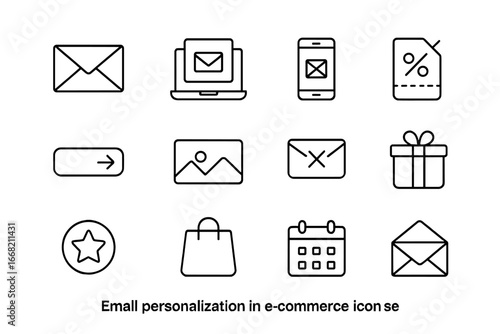E-commerce Icon Grid. Outline icon set of email personalization in e-commerce: envelope, laptop, mobile phone,