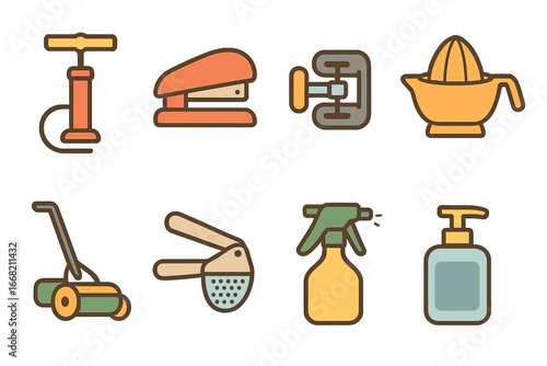 Push-based Machines Icons. Flat vector mini-illustrations Push-based machines in colors children's