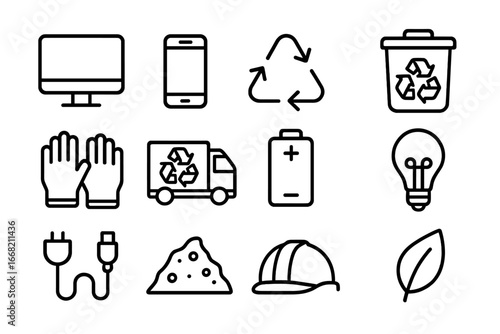E-Waste Recycling Icons. Outline icon set of e-waste recycling: computer, mobile phone, recycling arrows,