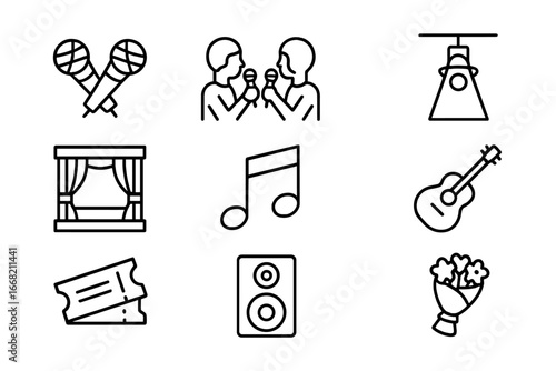 Duet Performance Icons. Outline icon set of duet performances: two microphones, two singers, spotlight, stage,