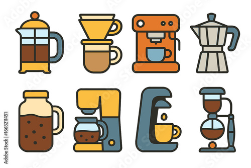 Colorful Coffee Icons. Flat vector mini-illustrations Coffee brewing methods in colors children's