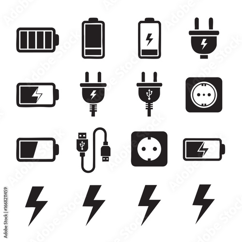 Diverse battery and power icons including plugs sockets and lightning bolts for energy concepts