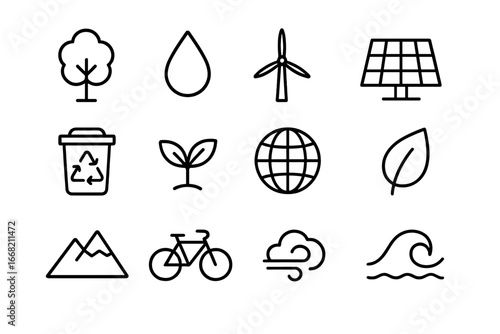 Eco Icon Collection. Outline icon set of environmental recovery: tree, water droplet, wind turbine, solar