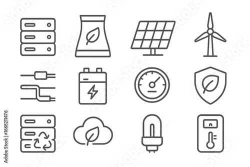 Eco Data Center Icons. Outline icon set of eco data centers: green server, cooling tower, solar panel, wind