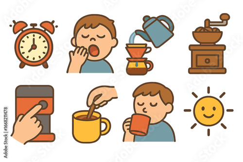 Morning Coffee Ritual. Flat vector mini-illustrations Morning coffee routine in colors children's
