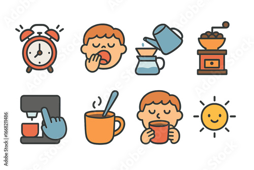 Morning Coffee Ritual. Flat vector mini-illustrations Morning coffee routine in colors children's
