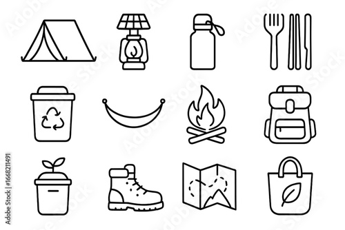 Eco Camping Icons. Outline icon set of eco-friendly camping: tent, solar lantern, reusable water bottle,