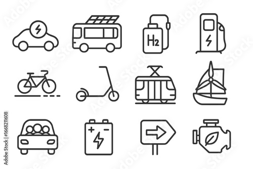 Eco Transport Icons. Outline icon set of eco-friendly transportation solutions: electric car, solar-powered