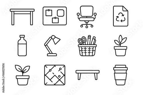 Eco Workspace Icons. Outline icon set of eco workspace design: bamboo desk, cork board, hemp chair cushion,