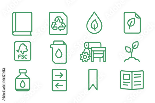Eco-Friendly Book Print Icons. Outline icon set of green book printing: hardcover book, recycled paper, soy