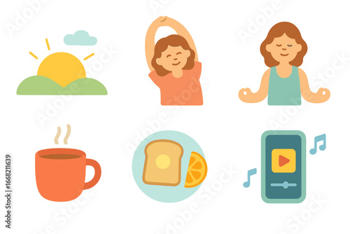 Children's Yoga Icons. Flat vector mini-illustrations Yoga morning routine in colors children's illustrations: