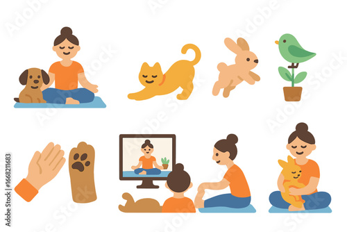 Yoga With Pets. Flat vector mini-illustrations Yoga with pets at home in colors children's illustrations: dog