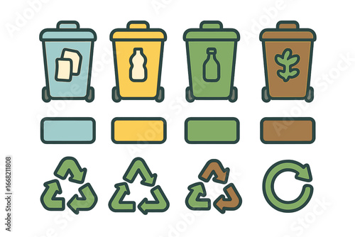 Colorful Recycling Bins. Flat vector mini-illustrations Recycling bins and labels in colors children's