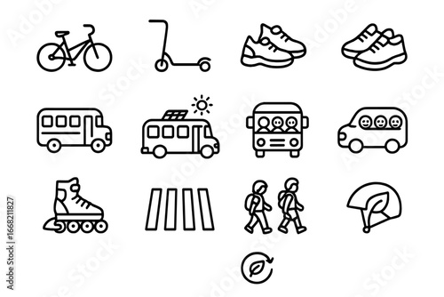 Eco-Friendly Transport Icons. Outline icon set of eco-friendly transport for kids: bicycle, scooter,