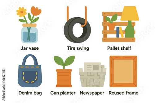 Upcycled Home Icons. Flat vector mini-illustrations Upcycled home items in colors children's illustrations: