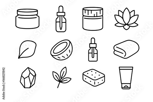 Eco-Luxury Skincare Icons. Outline icon set of eco-luxury skincare: gold jar, glass dropper, bamboo cap, lotus