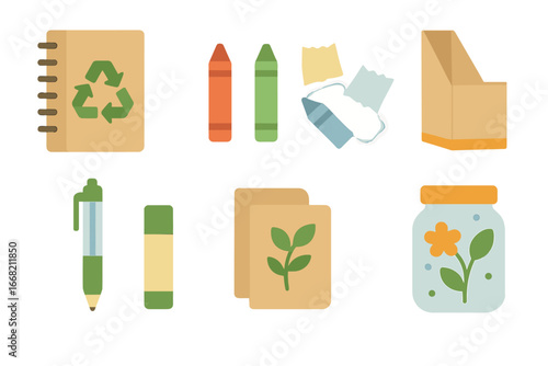 Recycled School Supplies. Flat vector mini-illustrations Recycled classroom supplies in colors children's