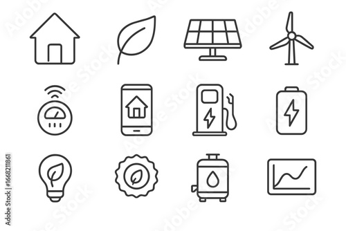 Eco-Smart Home Icons. Outline icon set of eco-friendly smart homes: house, leaf, solar panel, wind turbine,